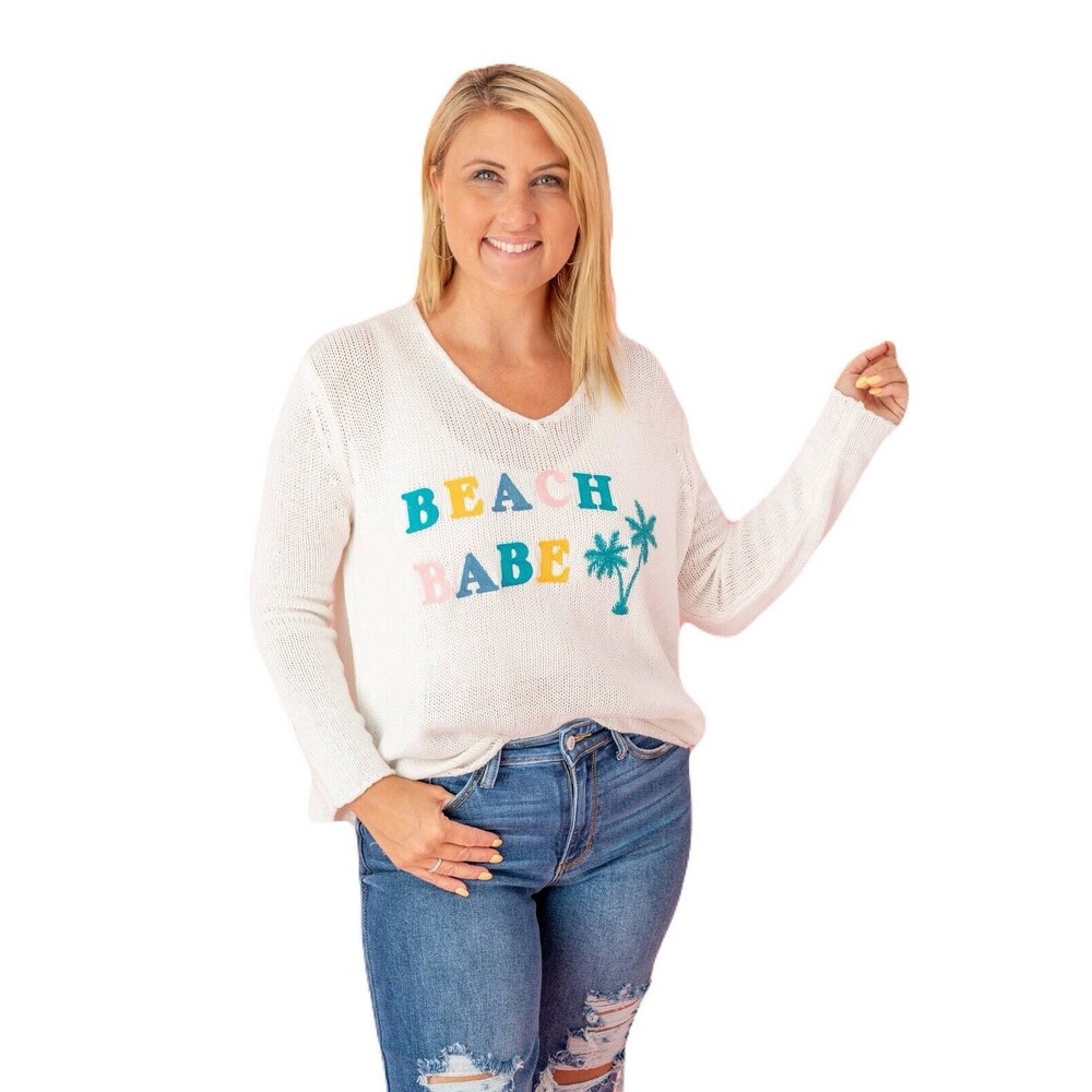 NEW Simply Southern Womens Size L / XL Ivory Everyday Beach Babe Summer Sweater